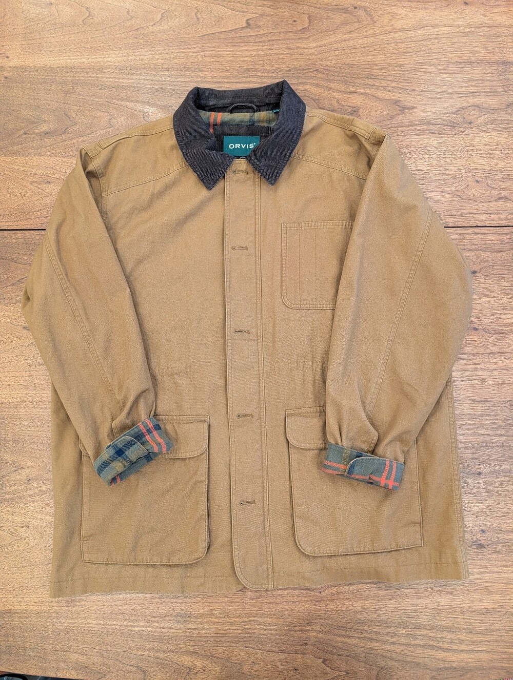 Orvis XL Canvas Barn Coat Chore Jacket - Corduroy Collar Plaid Lined - Tobacco